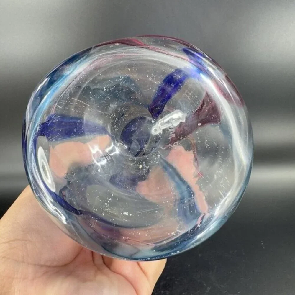 1997 Hand Blown Studio Art Glass Vase‎ Artist Signed JENN Multicolor Threads VTG